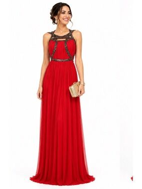 CATHERINE DEANE Silk Neiman Marcus red Cleopatra Gala formal maxi dress beaded 6